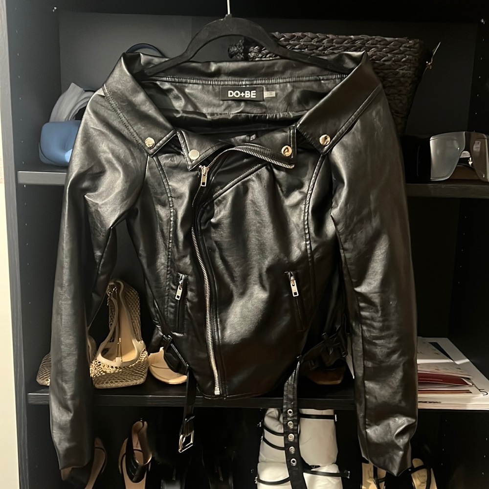 Black off the shoulder leather jacket